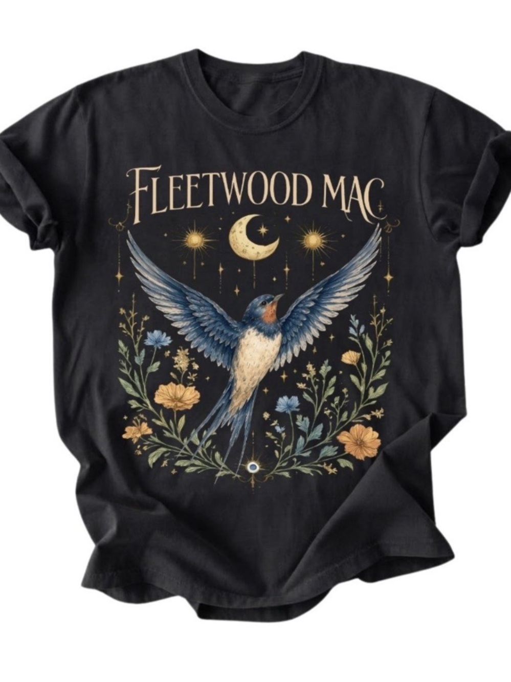 Fleetwood Mac Swallow Moon Bohemian Tee, Classic Black Music Band T-Shirt